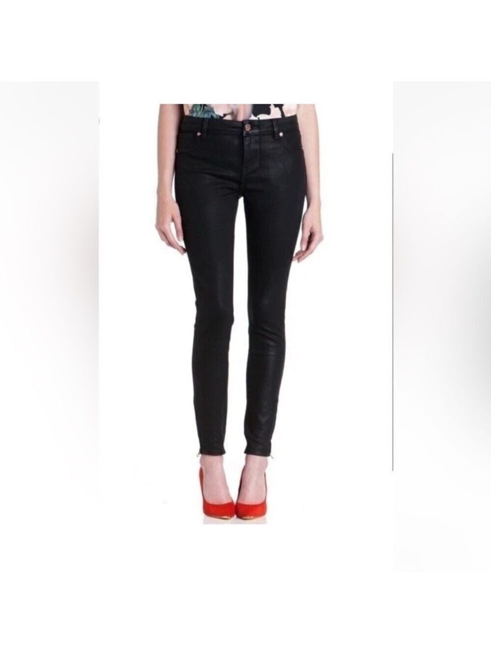 Ted Baker Annna Black Wax Finish Stretch Ankle Zip Jeans Sz 30